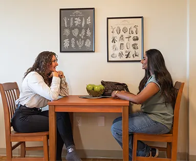 Two people sitting a kitchen table